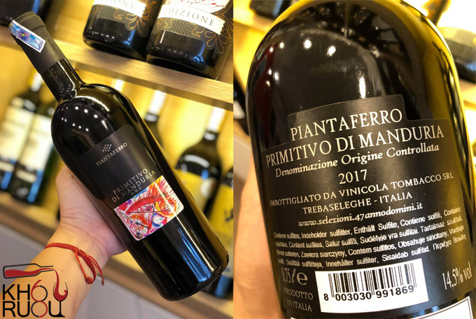 Rượu Vang Ý đỏ Piantaferro Primitivo Di Manduria DOC 2017 chính hãng