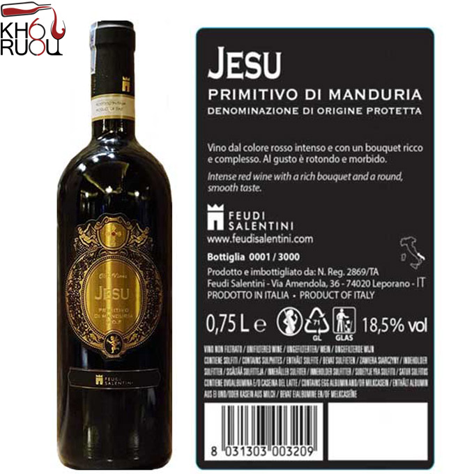 Rượu Vang Ý đỏ Jesu Primitivo Di Manduria 18,5 Độ nhập khẩu