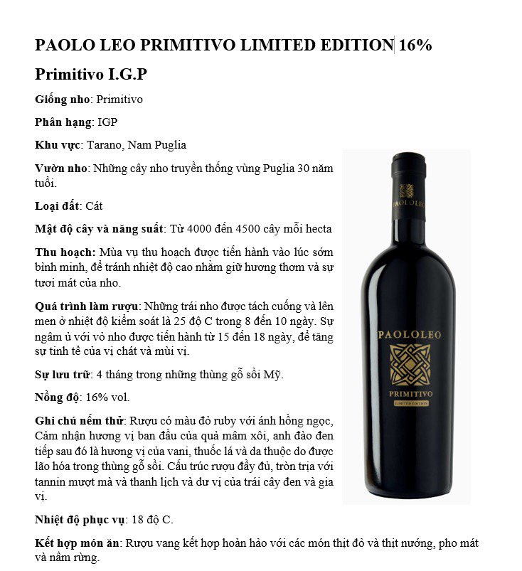 Rượu vang Paolo Leo Primitivo Limited Edition