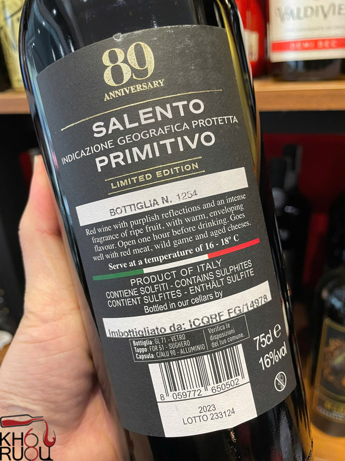 Rượu Vang Ý 89 Anniversary Primitivo Salento