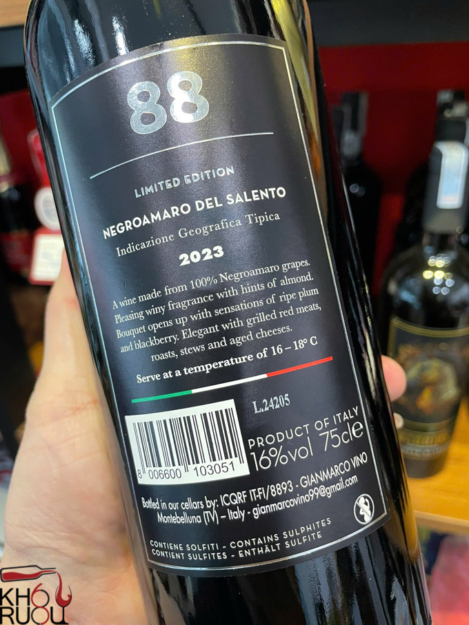 Rượu Vang Ý 88 Negroamaro Del Salento
