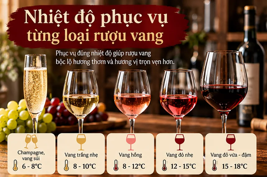 Cách Phục Vụ Rượu Vang Đúng Cách Tại Nhà Và Bàn Tiệc Nhiệt độ phục vụ từng loại rượu vang