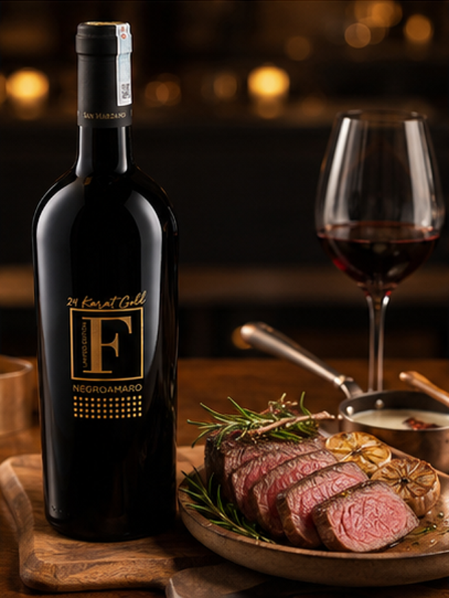 Rượu vang F Gold uống cùng steak bò