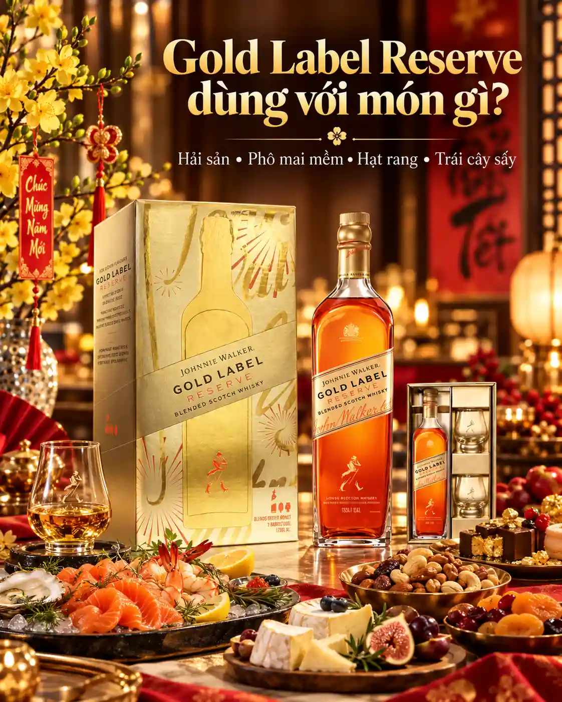 Rượu Johnnie Walker Gold Label Reserve Hộp Quà kết hợp với món ăn