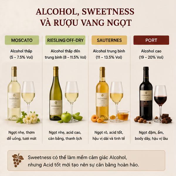 Alcohol và Sweetness và rượu vang ngọt