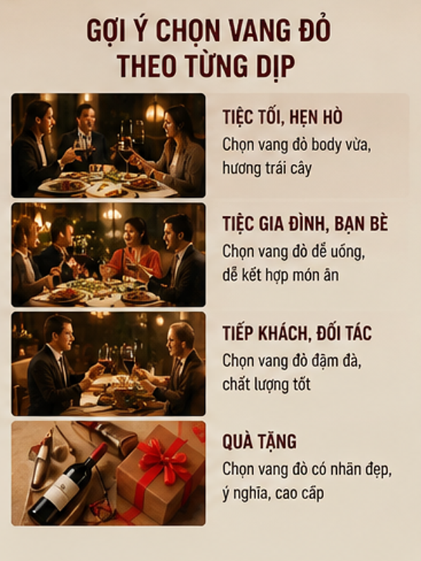 Rượu vang đỏ uống với món gì? Cẩm nang kết hợp món ăn giúp ly vang tròn vị hơn Chọn vang đỏ theo từng dịp