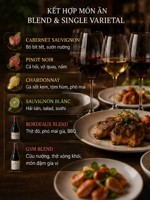 Blend Và Single Varietal Là Gì? Cách Phân Biệt Rượu Vang Pha Trộn Và Rượu Vang Đơn Giống Nho Kết hợp món ăn Blend và Single Varietal