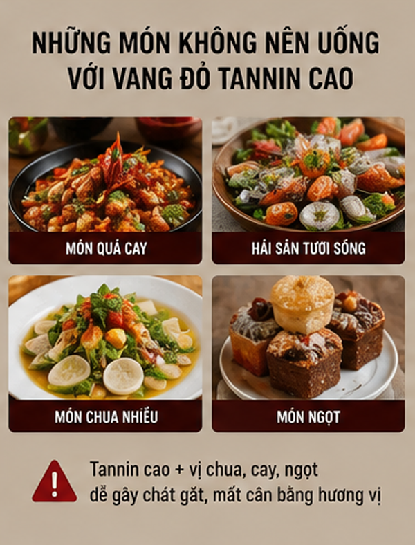 Rượu vang đỏ uống với món gì? Cẩm nang kết hợp món ăn giúp ly vang tròn vị hơn Những món không nên uống cùng vang đỏ tanin cao