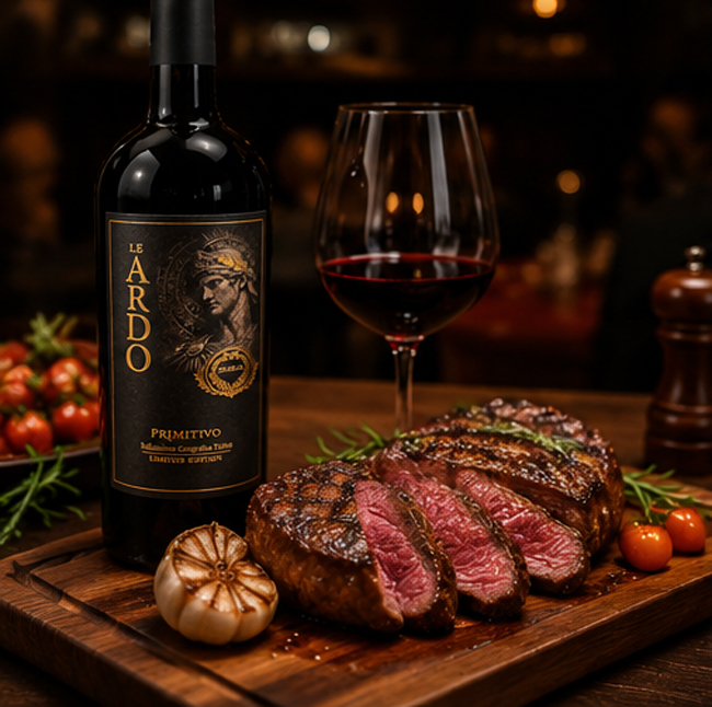 Rượu Le Ardo Primitivo uống cùng steak bò