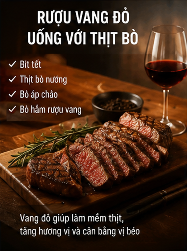 Rượu vang đỏ uống với món gì? Cẩm nang kết hợp món ăn giúp ly vang tròn vị hơn Rượu vang đỏ uống với thịt bò