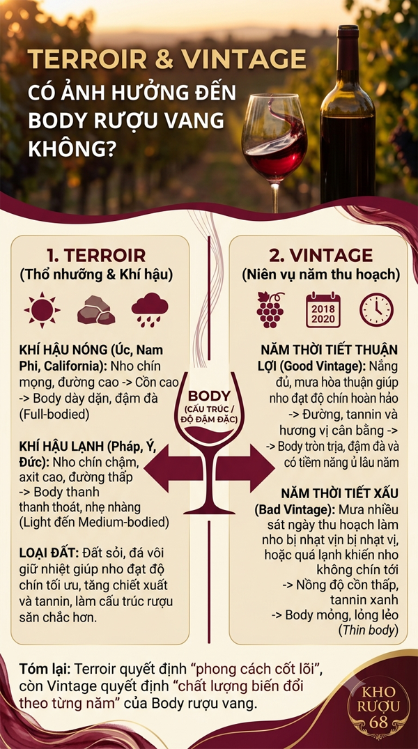 Terroir và Vintage ảnh hưởng đến body rượu vang