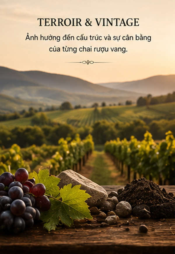 Terroir và Vintage ảnh hưởng đến cấu trúc và sự cân bằng của chai vang