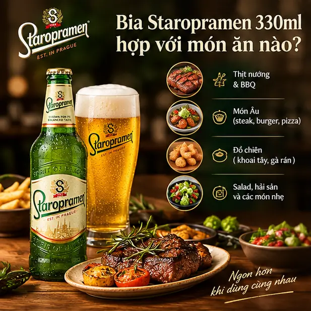 Bia Staropramen 330ml kết hợp với món ăn