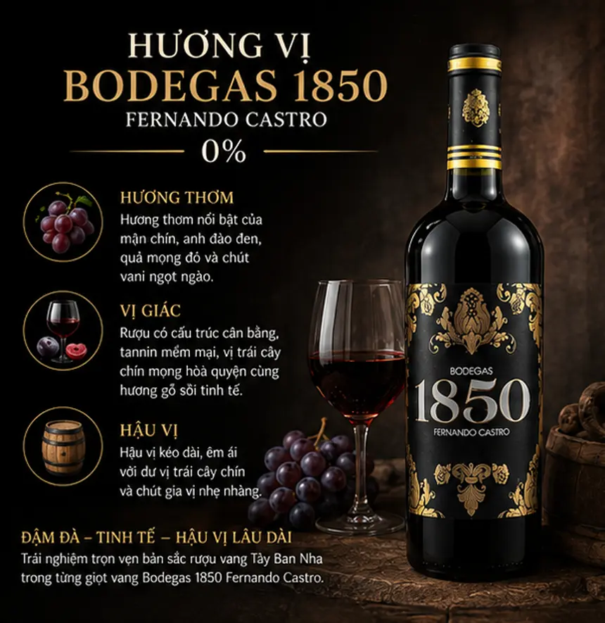 Hương vị rượu Vang 0 Độ Bodegas 1850 Fernando Castro