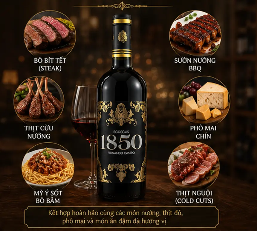 Rượu Vang 0 Độ Bodegas 1850 Fernando Castro kết hợp với món ăn